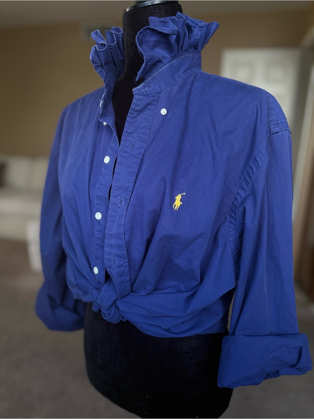 Reworked Ralph Lauren Blue Button-Down Shirt with ruffle collar size L